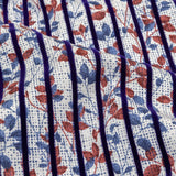Navy Flocked Stripes on Red, Blue and White Leafy Cotton Shirting with Give