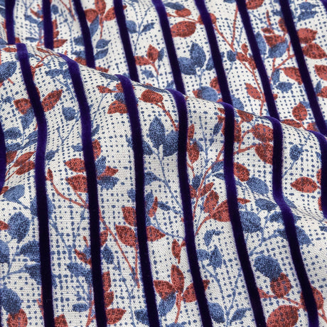 Navy Flocked Stripes on Red, Blue and White Leafy Cotton Shirting with Give