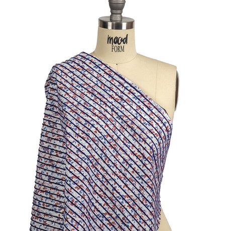 Navy Flocked Stripes on Red, Blue and White Leafy Cotton Shirting with Give