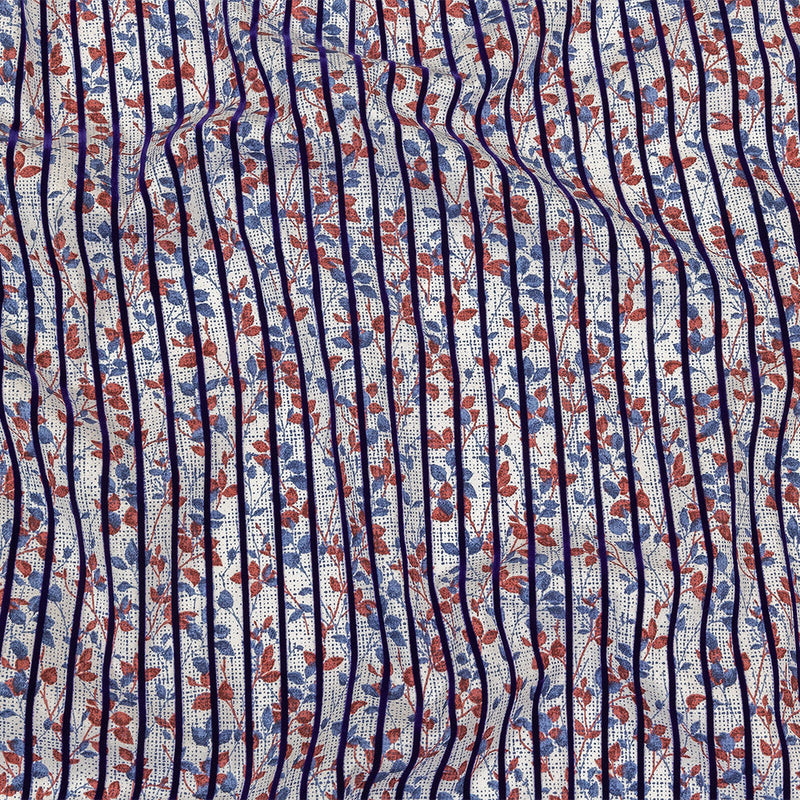 Navy Flocked Stripes on Red, Blue and White Leafy Cotton Shirting with Give