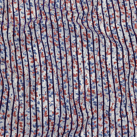 Navy Flocked Stripes on Red, Blue and White Leafy Cotton Shirting with Give