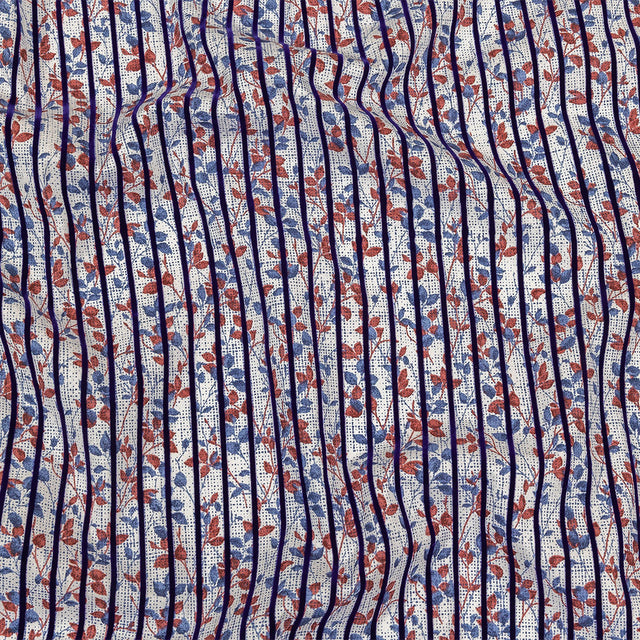 Navy Flocked Stripes on Red, Blue and White Leafy Cotton Shirting with Give