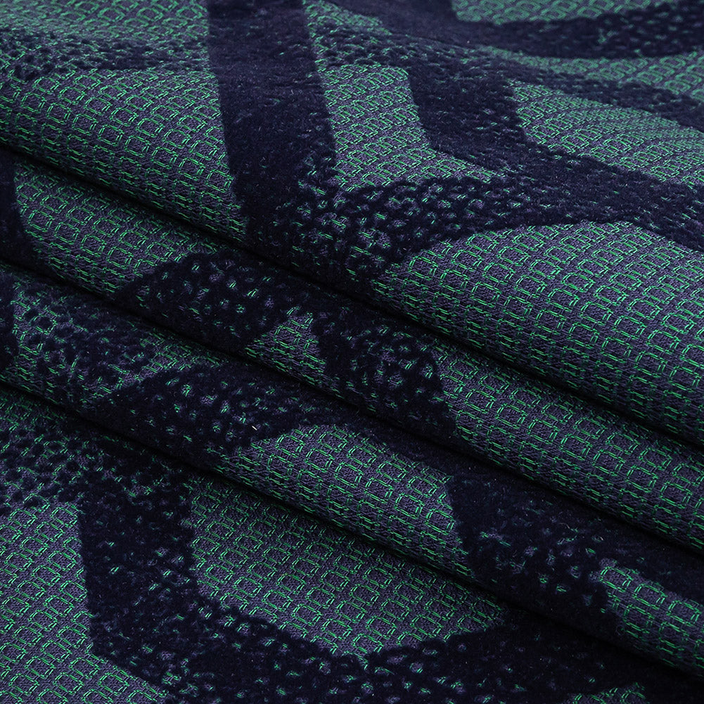 Navy Distressed Geometric Flocking on Hunter Green and Peacoat Rectangles Cotton Dobby