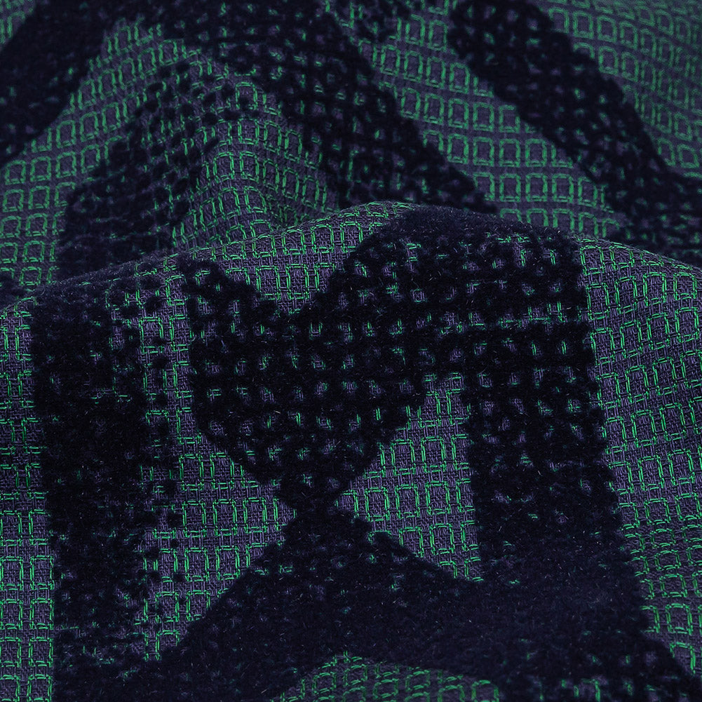 Navy Distressed Geometric Flocking on Hunter Green and Peacoat Rectangles Cotton Dobby
