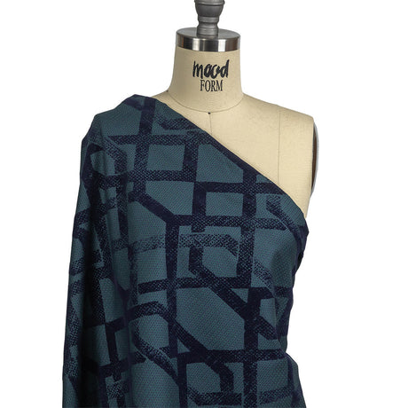 Navy Distressed Geometric Flocking on Hunter Green and Peacoat Rectangles Cotton Dobby