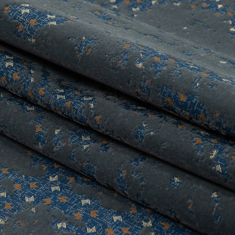 Gray Distressed Flocking on Blue, Tan and Beige Geometric Printed Cotton Shirting
