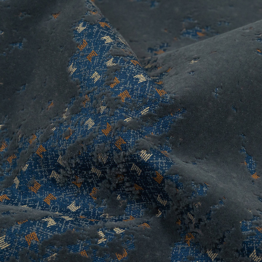 Gray Distressed Flocking on Blue, Tan and Beige Geometric Printed Cotton Shirting