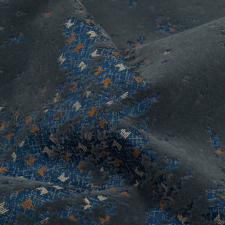 Gray Distressed Flocking on Blue, Tan and Beige Geometric Printed Cotton Shirting