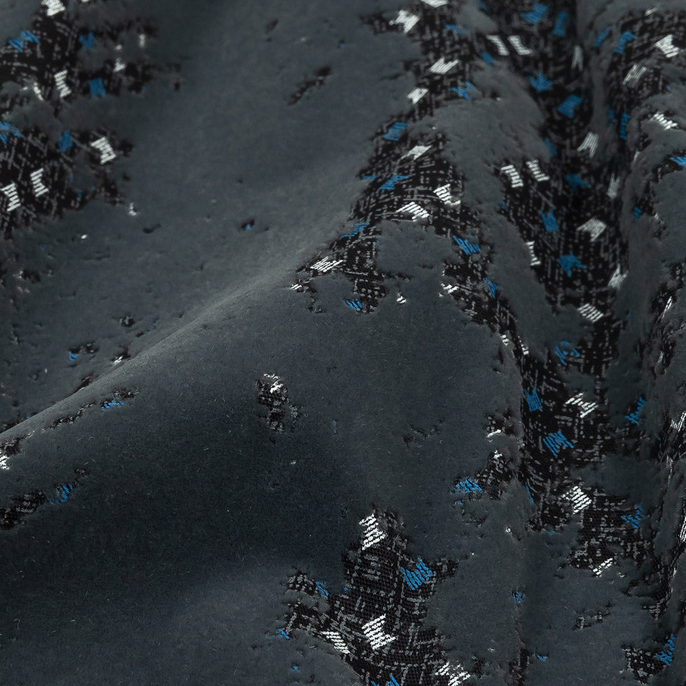 Gray Distressed Flocking on Gray, Blue and Sleet Geometric Printed Cotton Shirting