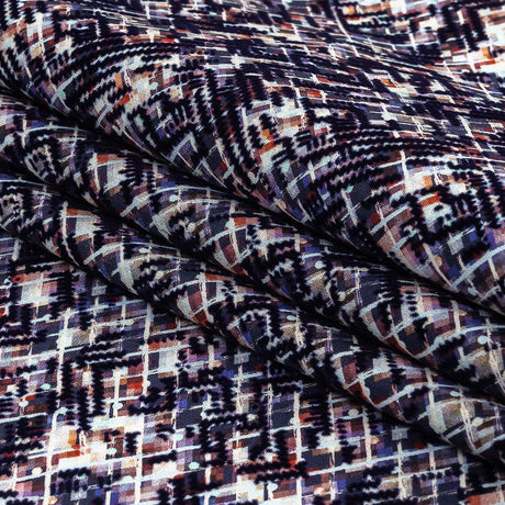 Evening Blue Geometric Flocking on Crushed Berry, Steel and White Abstract Printed Cotton Shirting