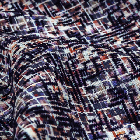 Evening Blue Geometric Flocking on Crushed Berry, Steel and White Abstract Printed Cotton Shirting