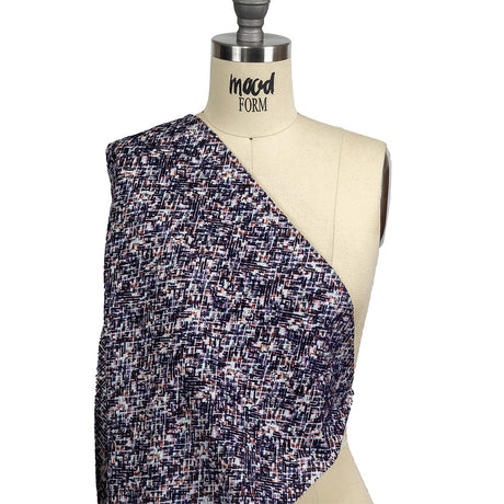 Evening Blue Geometric Flocking on Crushed Berry, Steel and White Abstract Printed Cotton Shirting