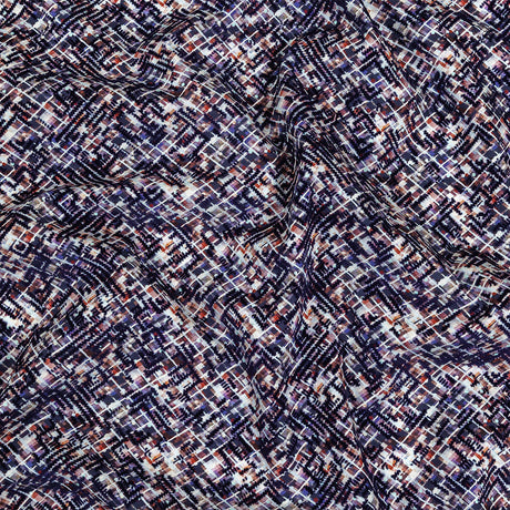 Evening Blue Geometric Flocking on Crushed Berry, Steel and White Abstract Printed Cotton Shirting