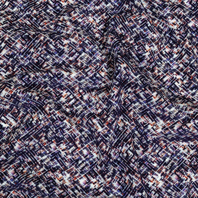 Evening Blue Geometric Flocking on Crushed Berry, Steel and White Abstract Printed Cotton Shirting