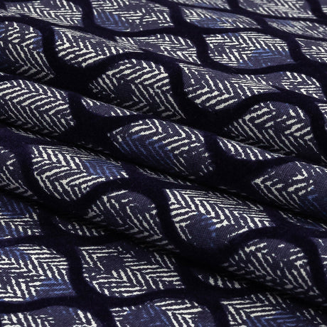 Navy Flocked Ogees on Floral and Herringbone Printed Stretch Cotton Shirting