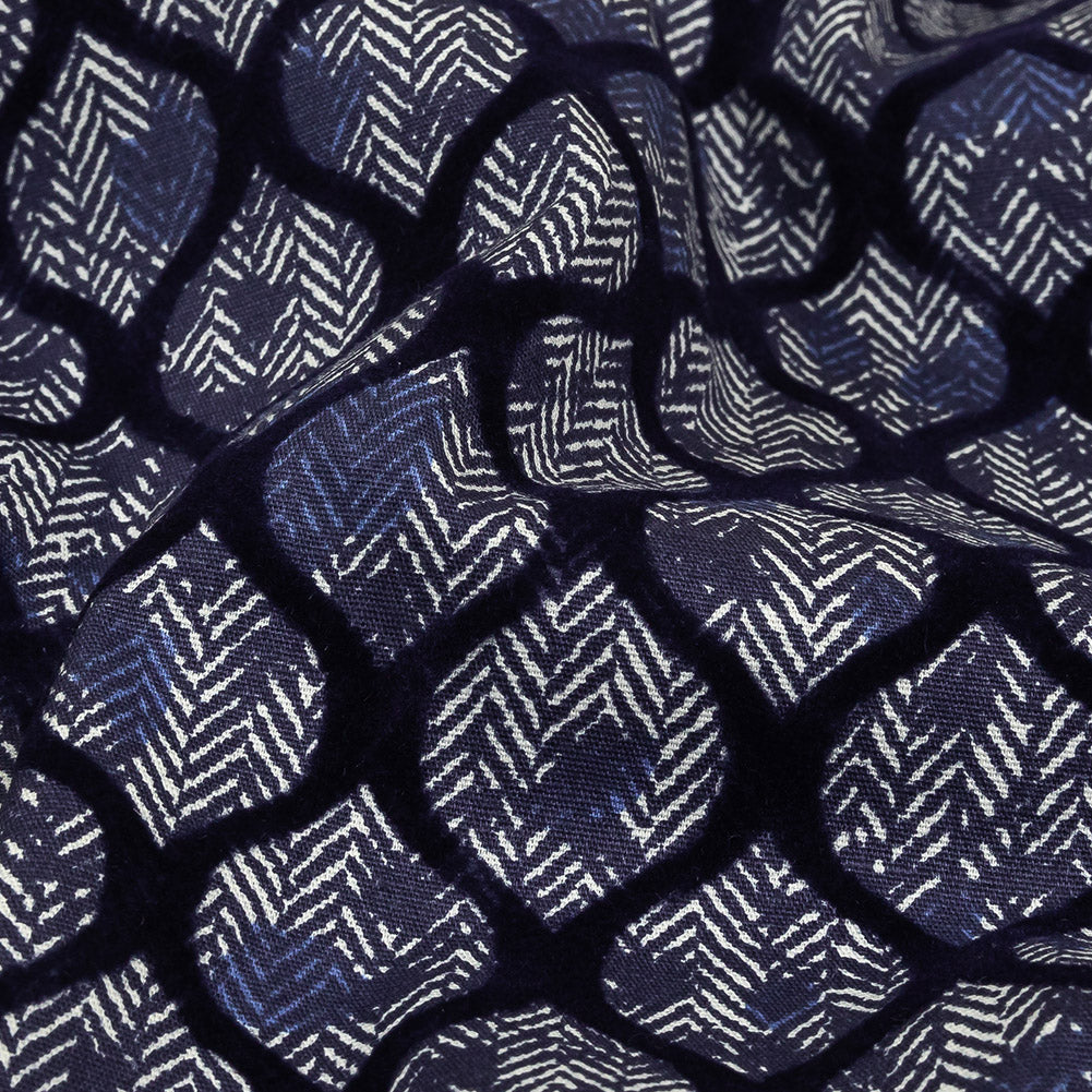Navy Flocked Ogees on Floral and Herringbone Printed Stretch Cotton Shirting