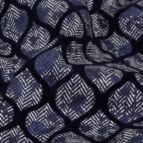 Navy Flocked Ogees on Floral and Herringbone Printed Stretch Cotton Shirting