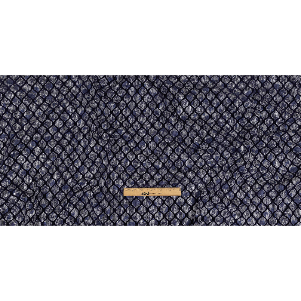 Navy Flocked Ogees on Floral and Herringbone Printed Stretch Cotton Shirting