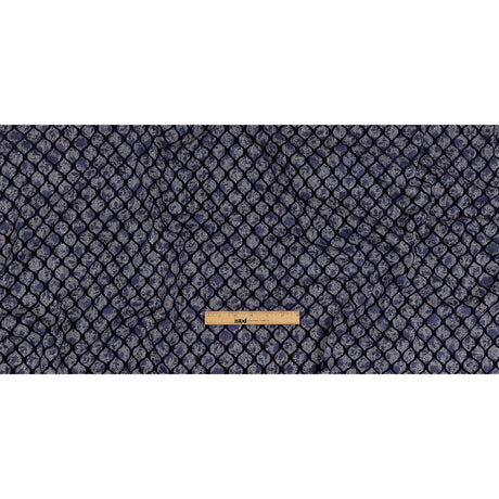 Navy Flocked Ogees on Floral and Herringbone Printed Stretch Cotton Shirting