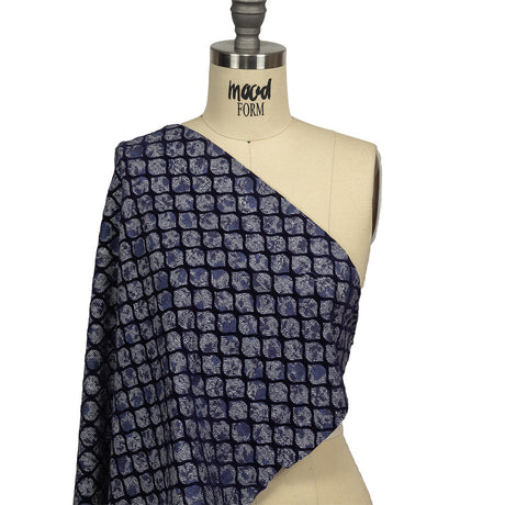 Navy Flocked Ogees on Floral and Herringbone Printed Stretch Cotton Shirting