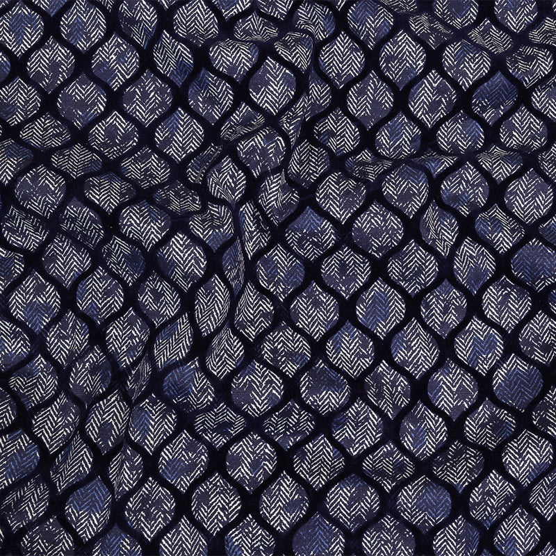 Navy Flocked Ogees on Floral and Herringbone Printed Stretch Cotton Shirting