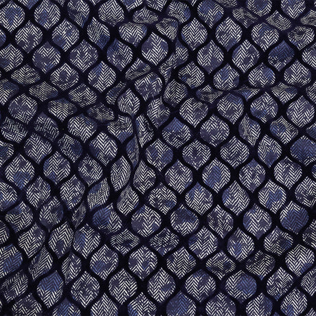 Navy Flocked Ogees on Floral and Herringbone Printed Stretch Cotton Shirting