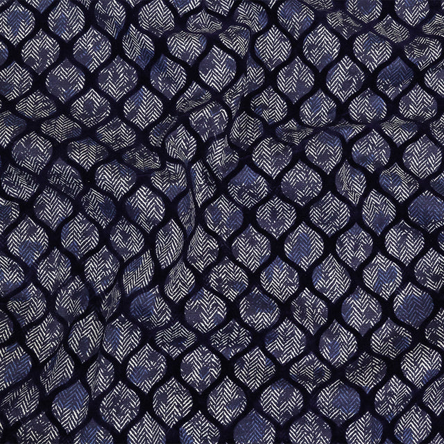 Navy Flocked Ogees on Floral and Herringbone Printed Stretch Cotton Shirting