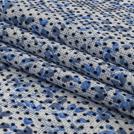 Black Flocked Polka Dots on Blue and White Leaves and Dots Stretch Cotton Shirting