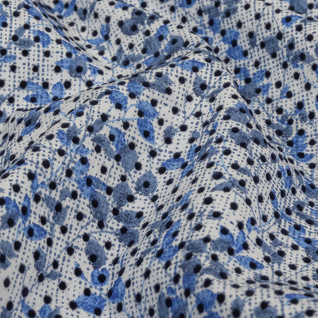 Black Flocked Polka Dots on Blue and White Leaves and Dots Stretch Cotton Shirting