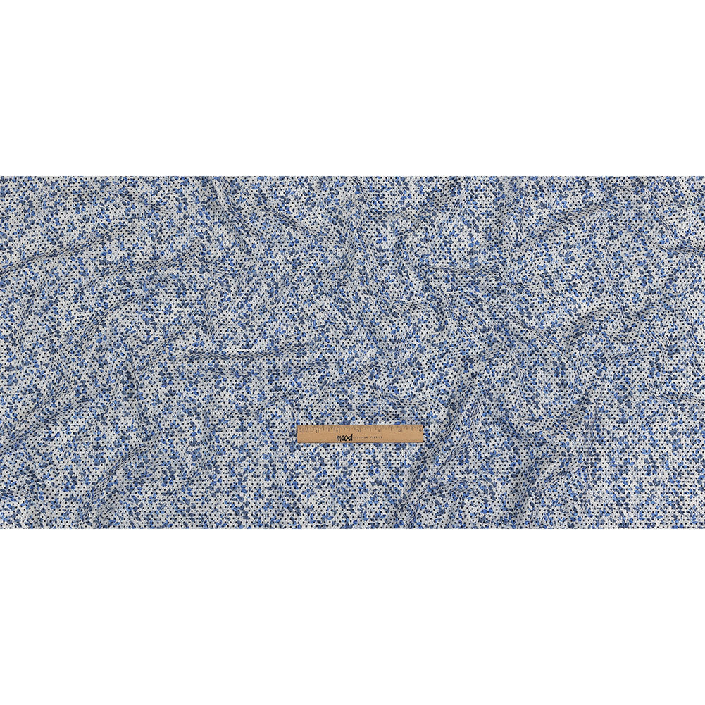 Black Flocked Polka Dots on Blue and White Leaves and Dots Stretch Cotton Shirting