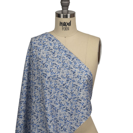 Black Flocked Polka Dots on Blue and White Leaves and Dots Stretch Cotton Shirting