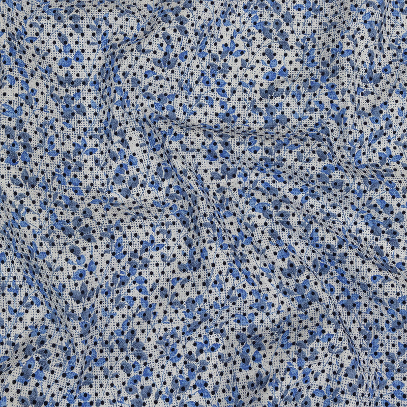 Black Flocked Polka Dots on Blue and White Leaves and Dots Stretch Cotton Shirting