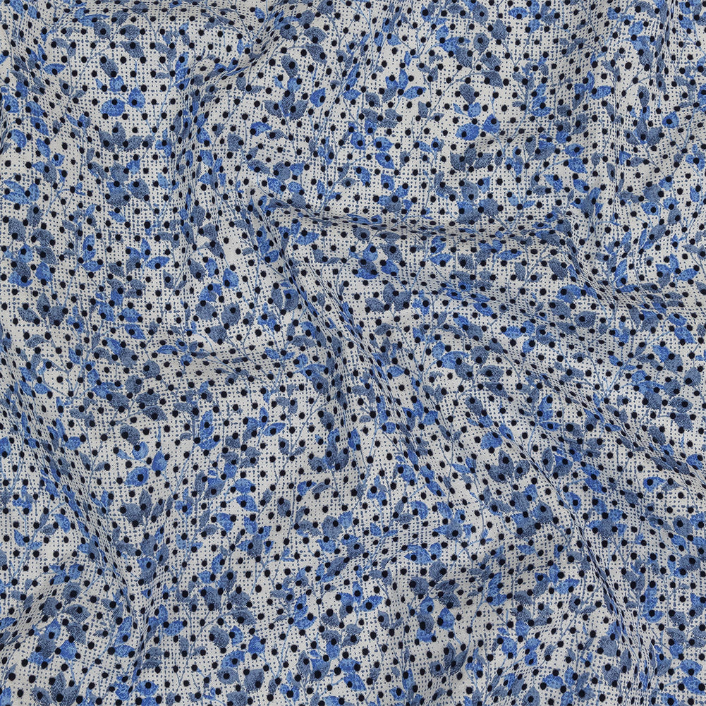 Black Flocked Polka Dots on Blue and White Leaves and Dots Stretch Cotton Shirting