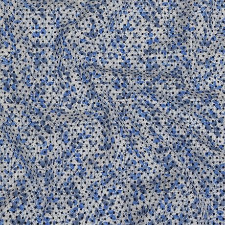 Black Flocked Polka Dots on Blue and White Leaves and Dots Stretch Cotton Shirting