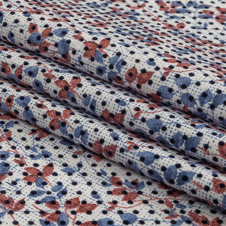 Black Flocked Polka Dots on Red, White and Blue Leaves and Dots Stretch Cotton Shirting