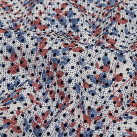 Black Flocked Polka Dots on Red, White and Blue Leaves and Dots Stretch Cotton Shirting