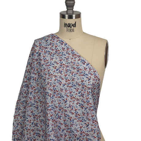 Black Flocked Polka Dots on Red, White and Blue Leaves and Dots Stretch Cotton Shirting