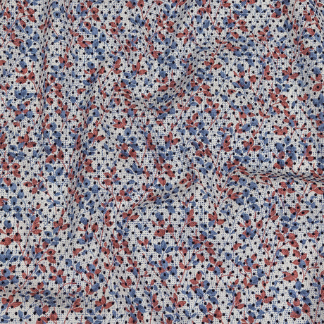 Black Flocked Polka Dots on Red, White and Blue Leaves and Dots Stretch Cotton Shirting