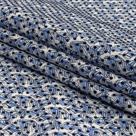 Black Flocked Polka Dots on Blue and White Leaves Stretch Cotton Shirting