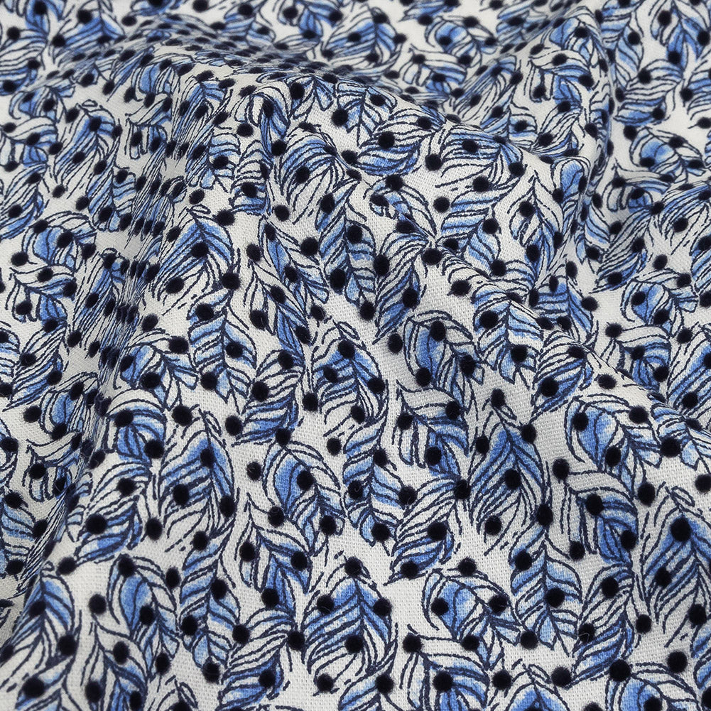 Black Flocked Polka Dots on Blue and White Leaves Stretch Cotton Shirting