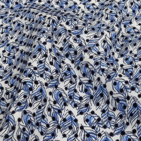 Black Flocked Polka Dots on Blue and White Leaves Stretch Cotton Shirting
