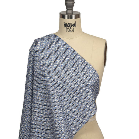 Black Flocked Polka Dots on Blue and White Leaves Stretch Cotton Shirting