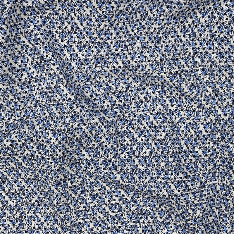 Black Flocked Polka Dots on Blue and White Leaves Stretch Cotton Shirting