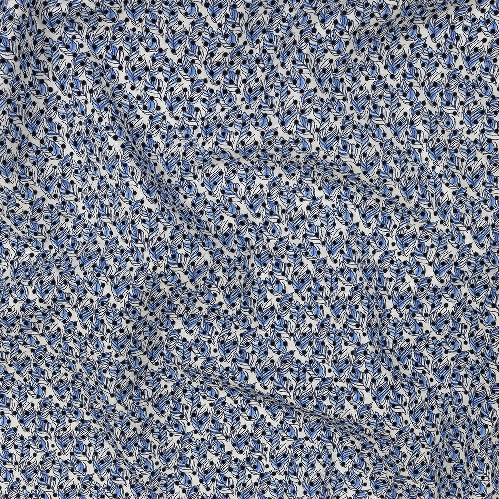 Black Flocked Polka Dots on Blue and White Leaves Stretch Cotton Shirting