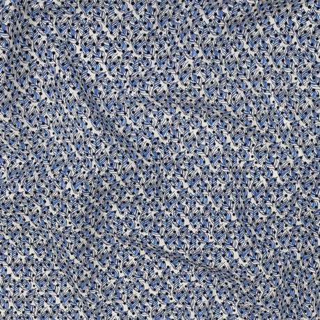 Black Flocked Polka Dots on Blue and White Leaves Stretch Cotton Shirting