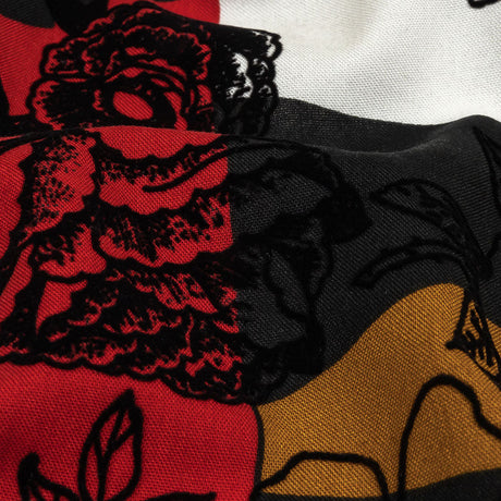 Red, Mustard and Black Flocked Flowers on Geometric Printed Viscose Woven