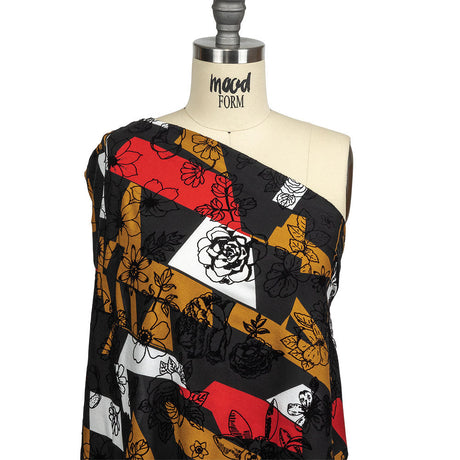 Red, Mustard and Black Flocked Flowers on Geometric Printed Viscose Woven