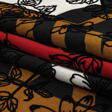 Red, Mustard and Black Flocked Flowers on Geometric Printed Viscose Woven