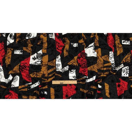Red, Mustard and Black Flocked Flowers on Geometric Printed Viscose Woven