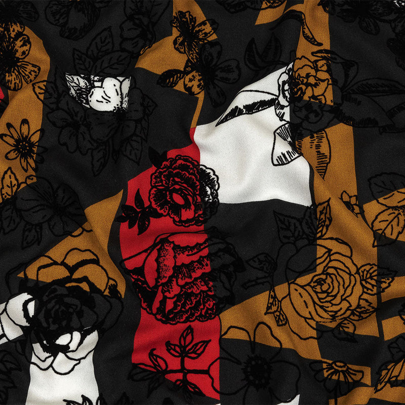 Red, Mustard and Black Flocked Flowers on Geometric Printed Viscose Woven